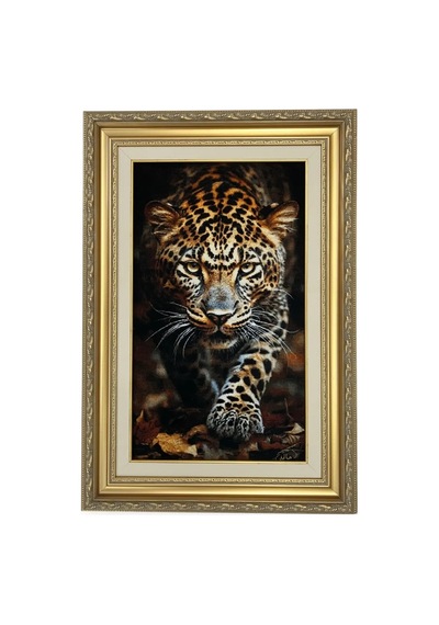 İran El Dokuma Tablo Halı Avcı Leopar Figürlü 44x76 Cm Leopard