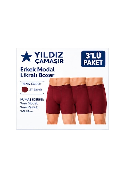 Yıldız Çamaşır Erkek Modal Likralı Boxer 36-37-38-39-40-41-42 - 3 Adet Bordo