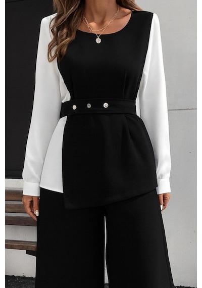 Moderie Butik Kadın Uzun Kollu Açık Yakalı Çift Renkli Kemerli Ithal Krep Ikili Takım Siyah Moderie Butik Kadın Uzun Kollu Açık Yakalı Çift Renkli Kemerli Ithal Krep Ikili Takım Siyah