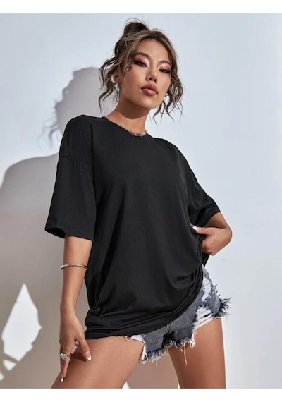 Kadın Siyah Oversize Pamuk Dragon Baskılı T-shirt Siyah