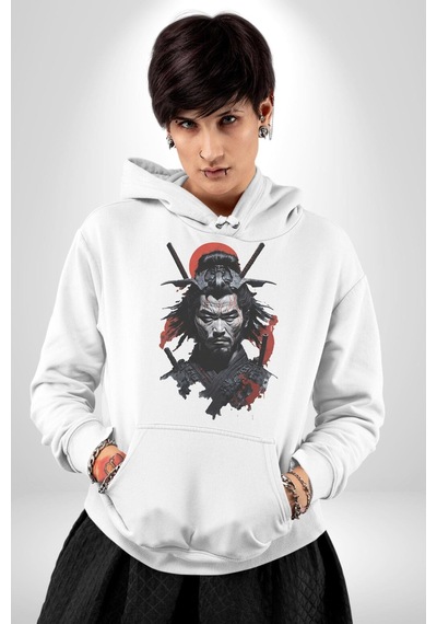 Asyalı Japon Samuray Savaşcı Kadın Erkek Beyaz Kapüşonlu Sweatshirt Hoodie Beyaz