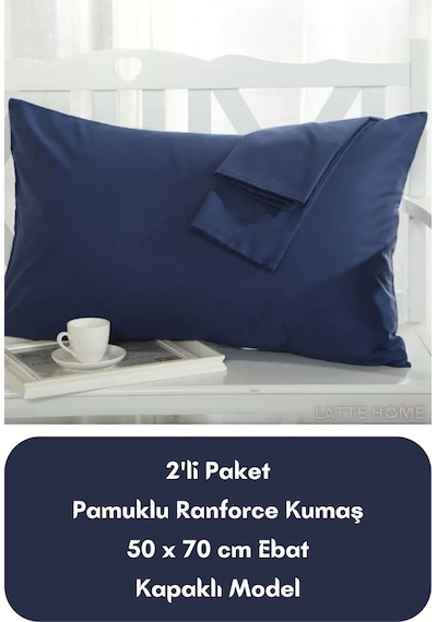 Lacivert Renkli Ranforce Pamuklu Kumaş Kapaklı Yastık Kılıfı 2'li