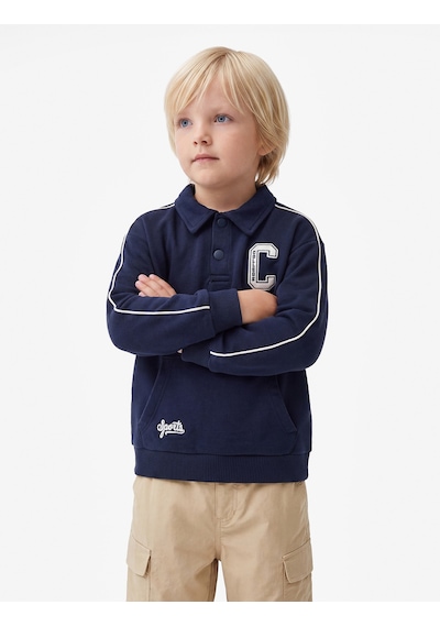 Koton Uzun Kollu Kanguru Cepli Nakış Detaylı Oversize Polo Yaka Sweatshirt Lacivert 7wmb10058tk