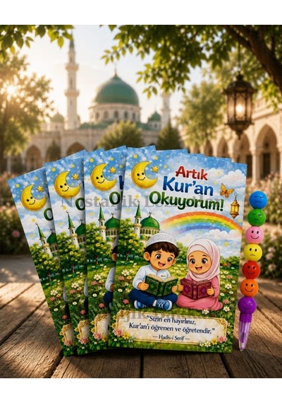 Kur'an Okuyorum Hediyesi 5 Set Kur'an Kursu-hatim Töreni Hatırası Emoji Kurşun Kalem Tebrik Kartı Hediyeli