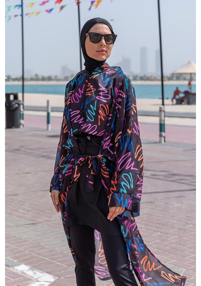 Remsa Mayo Remsa Tesettür Mayo Üzerine Tek Kaftan Kimono Pareo Rp013 Neon Siyah