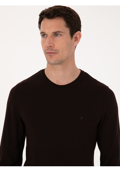 Cacharel Kahverengi Slim Fit Pamuk Karışımlı Bisiklet Yaka Basic Triko Kazak
