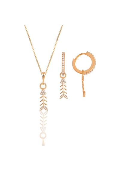 Gümüş Rose Zirkon Taşlı Balık Kılçığı Modeli Kolye Ve Küpe İkili Set