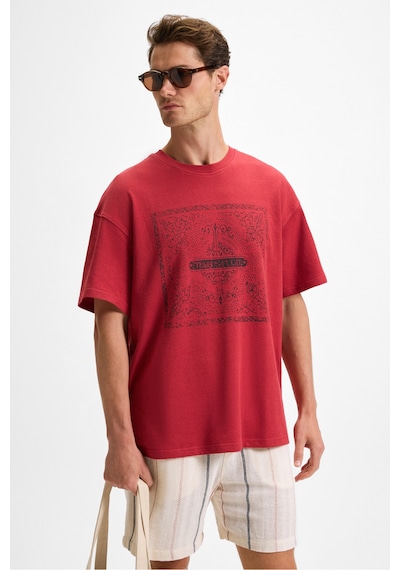 Grimelange TEMPUS Erkek Baskı Detaylı %100 Organik Pamuk Bisiklet Yaka Oversize Fit Bordo T-Shirt