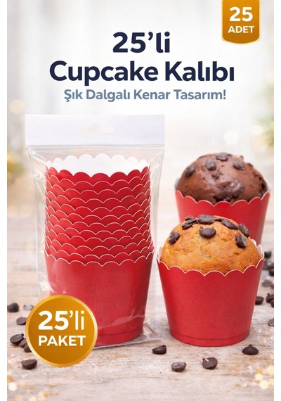 Cupcake Kalıbı & Kek Kapsülü & Muffin Kek Kalıbı & 25 Adet - Kırmızı Kek Kalıbı Kırmızı