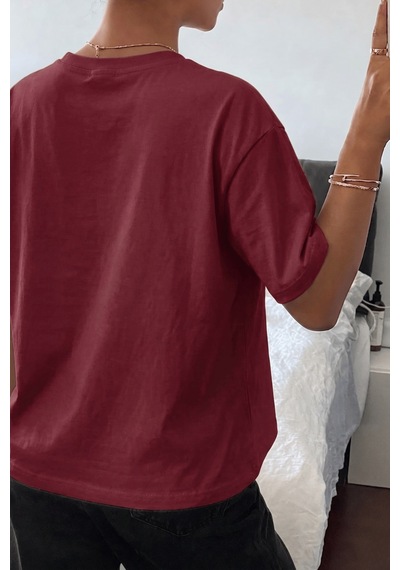 Genıus Store Kadın Tişört Gri Bisiklet Yaka Basic Tişört %100 Pamuk Rahat Kalıp T-shirt Basıc-kadın Bordo