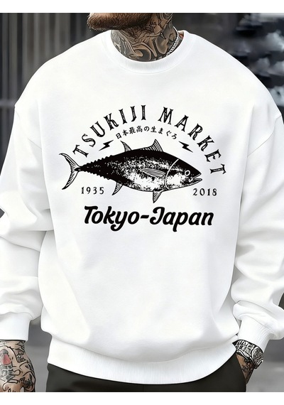 Startmore Startmoretsukiji Market Tokyo-japonya Baskı Kazak Erkek Modası Rahat Kazaklar Sonbahar Günlük Spor Giy Beyaz