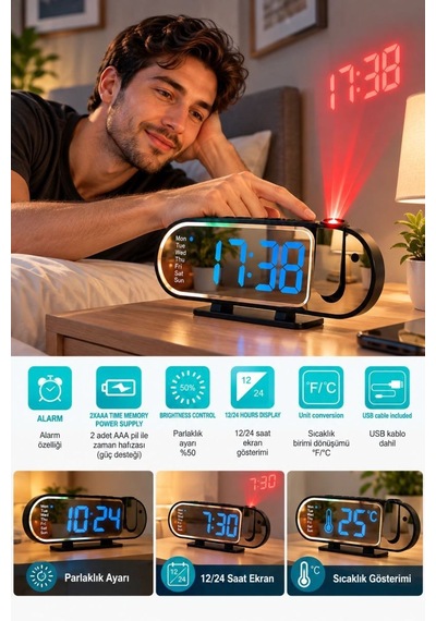 Şık Tasarımlı Led Masa Saati Dijital Ekran Alarm 12 24 Saat Ve Sıcaklık Göstergeli . 67017445