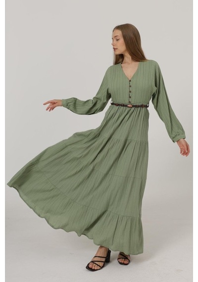 Moderie Butik Önü Yarım Düğmeli Uzun Kol Kemerli Elbise - Haki Haki