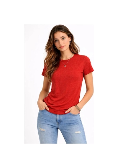 Butik İstanbul Flam Kumaş Melanj Dokulu Regular Fit Tişört Bisiklet Yaka Yazlık T-shirt - Kiremit