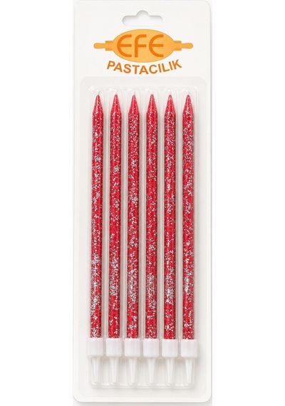 Kırmızı Gümüş Simli Uzun Pasta Mumu 17 Cm Karışık