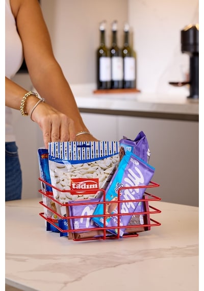 Edora Home Kırmızı Çok Amaçlı Sivri Köşeli Kare Sepet - Metal Paslanmaz Kırmızı