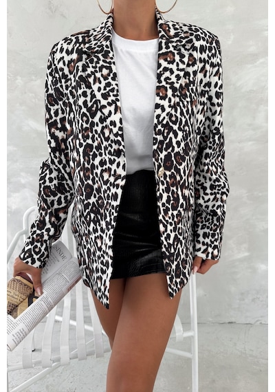 Femelle Kadın Leopar Desen Astarlı Blazer Ceket ekru