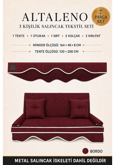 Altaleno 3 Kişilik 164 48 Cm Süngerli Bahçe Balkon Salıncak Minderi Yıkanabilir Kılıflı, Tenteli Keten Kumaş Tekstil Seti 24 Dns 8 Cm Orta Sert Sünger Bordo