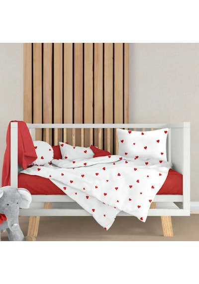 Lüks Ranforce Kumaşından Kırmızı Kalpli Bebek Nevresim Takımı 100x150 Beyaz - Kırmızı