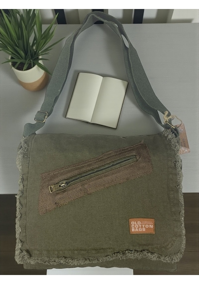 Old Cotton Cargo Vintage Salaş Orta Boy Unisex Günlük Çapraz Postacı Tablet Çantası M 32 Cm X 27 Cm Haki