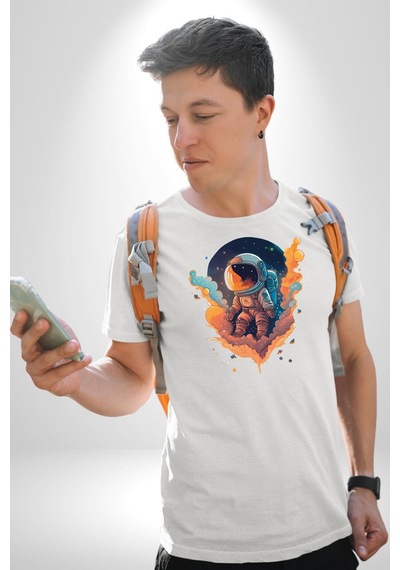 Bulutlar Astronot Uzay Unisex Unisex Beyaz Organik Baskılı T-shirt Penye Yüksek Kalite Beyaz