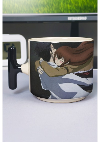 Steins Gate Anime Baskılı Seramik Lüks Kupa 1 Adet T Şeklinde Özel Siyah Kulp Dalga Kulp V2t Çok Renkli