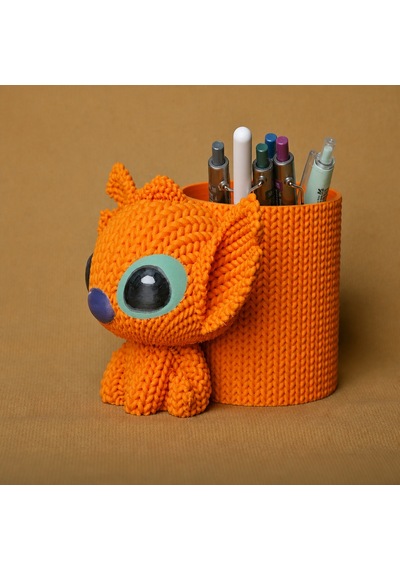 3d Baskı Knitted Kalemlik - Sevimli Karakterli Masaüstü Kalem Organizeri-turuncu Çok Renkli