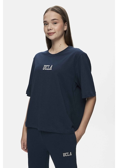 Ucla Manuela Lacivert Bisiklet Yaka Tshirt Nakışlı Loose Fit Kadın Tshirt Lacivert