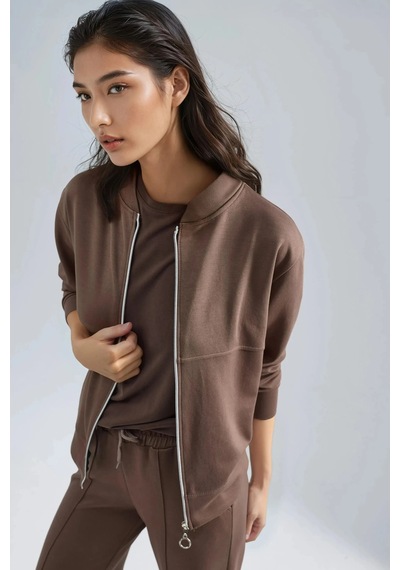 Fiolin Modal Dokulu Fermuarlı Sweatshirt & Nervürlü Pantolon Takımı Cappuchino