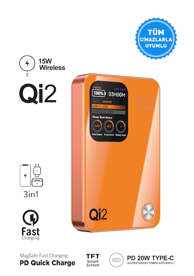 10.000 Mah Magsafe Hızlı Şarj Qı2/pd 20w Tft Ekranlı Powerbank Premium Serisi Turuncu
