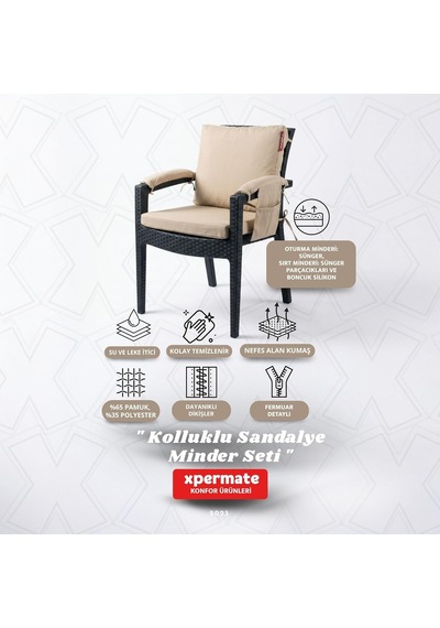 4 Parçalı Sırtlıklı Sandalye Minderi 46 X 46 Cm Kol Pedli Su Ve Leke İtici Bağcıklı Bahçe Balkon Minderi Seti Bej Çok Renkli