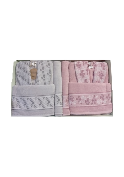 Fiore Line Gri Pembe Bambu Aile Bornoz Seti Bornoz Gri - Pembe