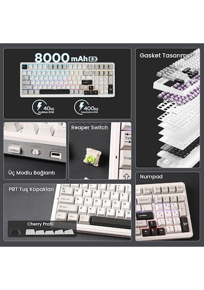 Aula F99 Pro 3 Modlu Rgb Hot Swap Mekanik Nimbus V3 Switch Kablosuz Makrolu Gaming Klavye Gradyan Mavi