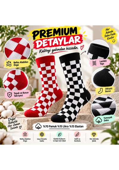 S'82 Unisex Çorap Dama Desenli Renkli 7'li Set Kareli Alev Desen Uzun Soket Günlük Spor Çorabı Çok Renkli