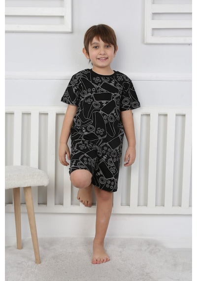 Bunny Hopp Şortlu Erkek Çocuk Pijama Takımı %100 Pamuk Desenli Yazlık 3-8 Yaş Siyah