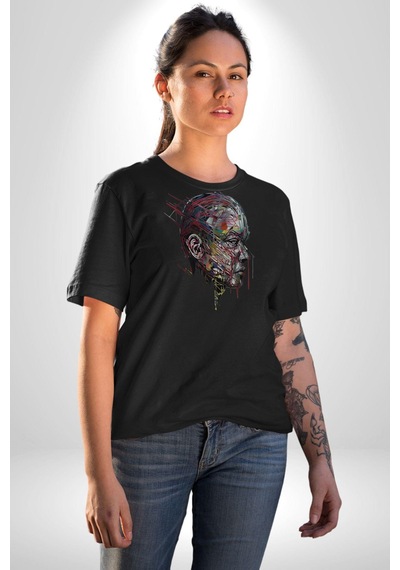 İnsan Kafası Sulu Boya Unisex Unisex Siyah Organik Baskılı T-shirt Penye Yüksek Kalite Siyah