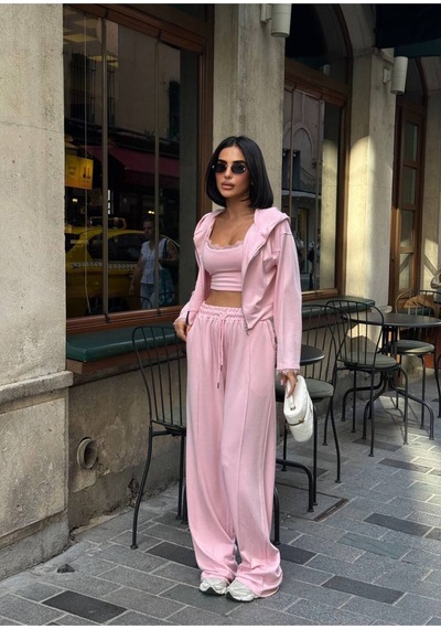 Evoa Kadın Pembe Dantel Detaylı Kapüşonlu Crop Hırka Palazzo Pantolon 3 Lü Takım