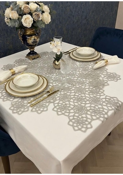 5 Li Set Kare Gümüş Rengi Simli Masa Runner