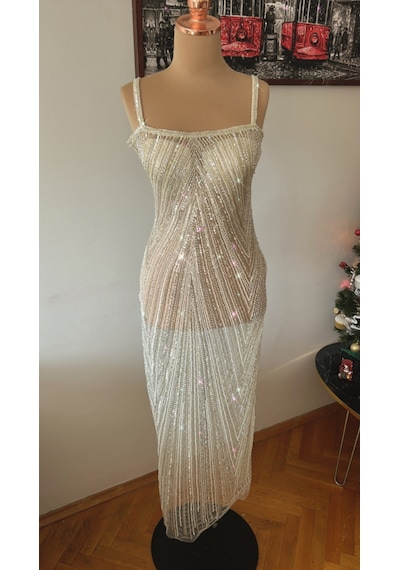 Chica Rosa Fashion Pudra Sarı Taşlı Kristal Abiye Elbise