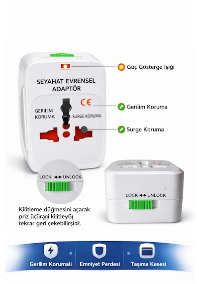 Priz Dönüştürücü Evrensel Üniversal Seyahat Adaptörü 150 Ülke Uyumlu Amerika İngiltere Avrupa Avusturalya Çin Japonya Fiş Priz Çevirici Dönüştürücü