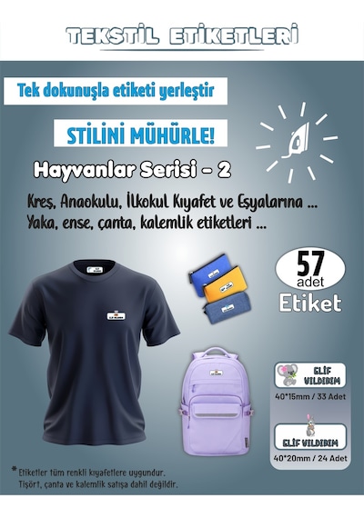 Hayvanlar Serisi - 2 Kreş Anaokulu İlkokul Kıyafet Eşya Yaka Ense İsim Etiketi 57 Adet Karışık