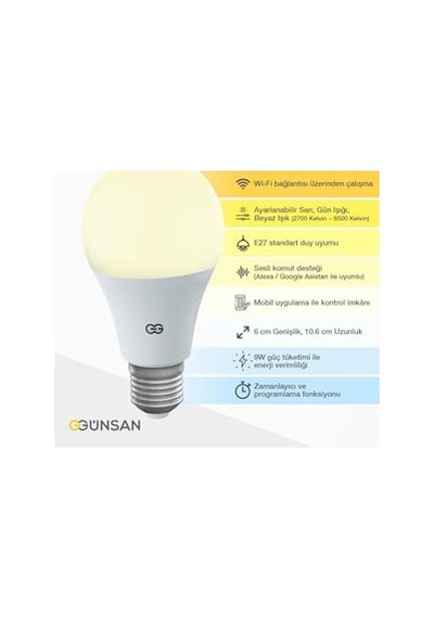 Ayrex Günsan Akıllı Wifi Led Ampul Beyaz Işık Sesli Komut & Tuya & Smart Life Uyumlu 9w 2700k-6500k Ayarl Diğer