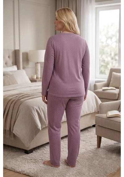 Eyfuze Kadın Büyük Beden Desenli Yakası Düğmeli Uzun Kollu Bambu Pijama Takımı Mürdüm