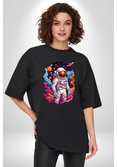 Ay Mars Astronot Pamuklu Bisiklet Yaka Unisex Oversize Boyfriend Dijital Baskılı Siyah T-shirt Siyah