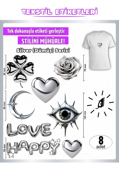 Ütü İle Yapışan Kıyafet Etiketi Silver Gümüş Serisi 8li Set Karışık