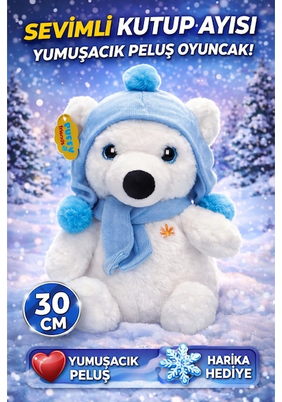 Trust Store Şapkalı Ve Atkılı Peluş Kutup Ayısı 30 Cm Yumuşacık Dolgulu Sevimli Oyuncak Beyaz