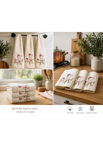 3 Lü Nakışlı Mutfak Havlusu Seti 30x50 Cm Kutulu Hediyelik Pamuk Havlu Takımı Krem