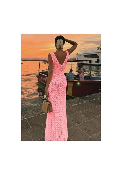 Butik İstanbul Kadın Askılı V Yakalı Uzun Triko Elbise Pembe
