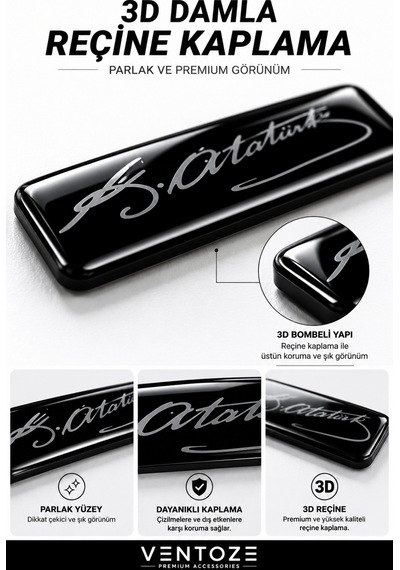 Atatürk Damla Etiket 3d Reçine Logo Sticker Oto Araç İçi Dekoratif Aksesuar 6x1,5 Cm