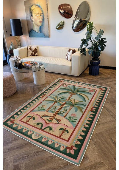 Palm 305 Bej Pembe Palmiye Desenli Modern Yıkanabilir Mutfak Ev Oda Salon Oturma Odası Halısı Pembe Yeşil 5